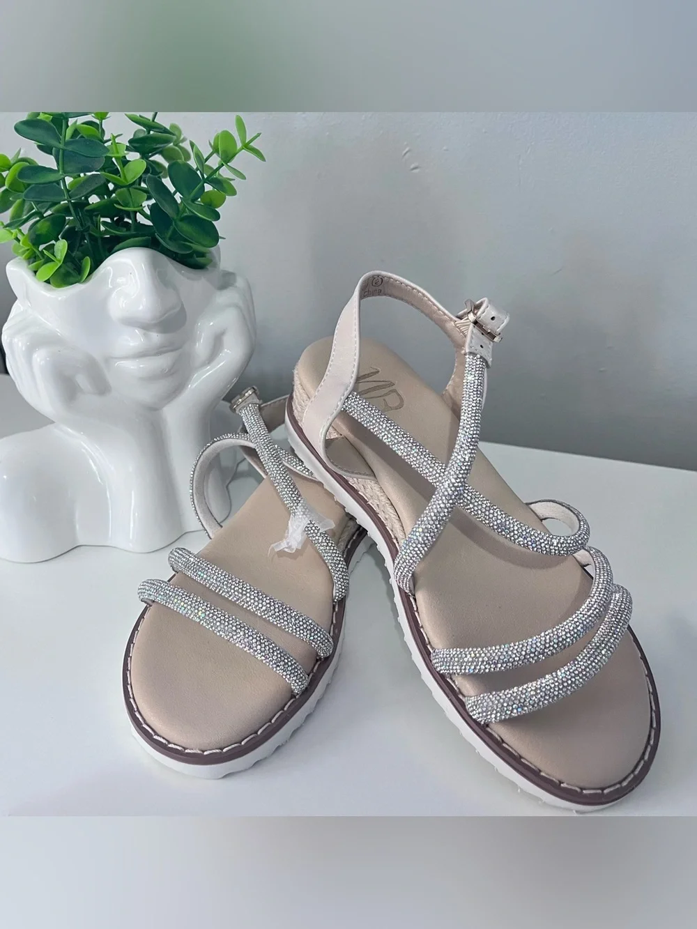 Girls' Sparkle Nude T-Strap Sandals with Rhinestone Straps